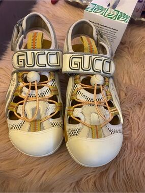 GUCCI Mesh Fabric Tinsel Sport Sandals 37.5 White Silver